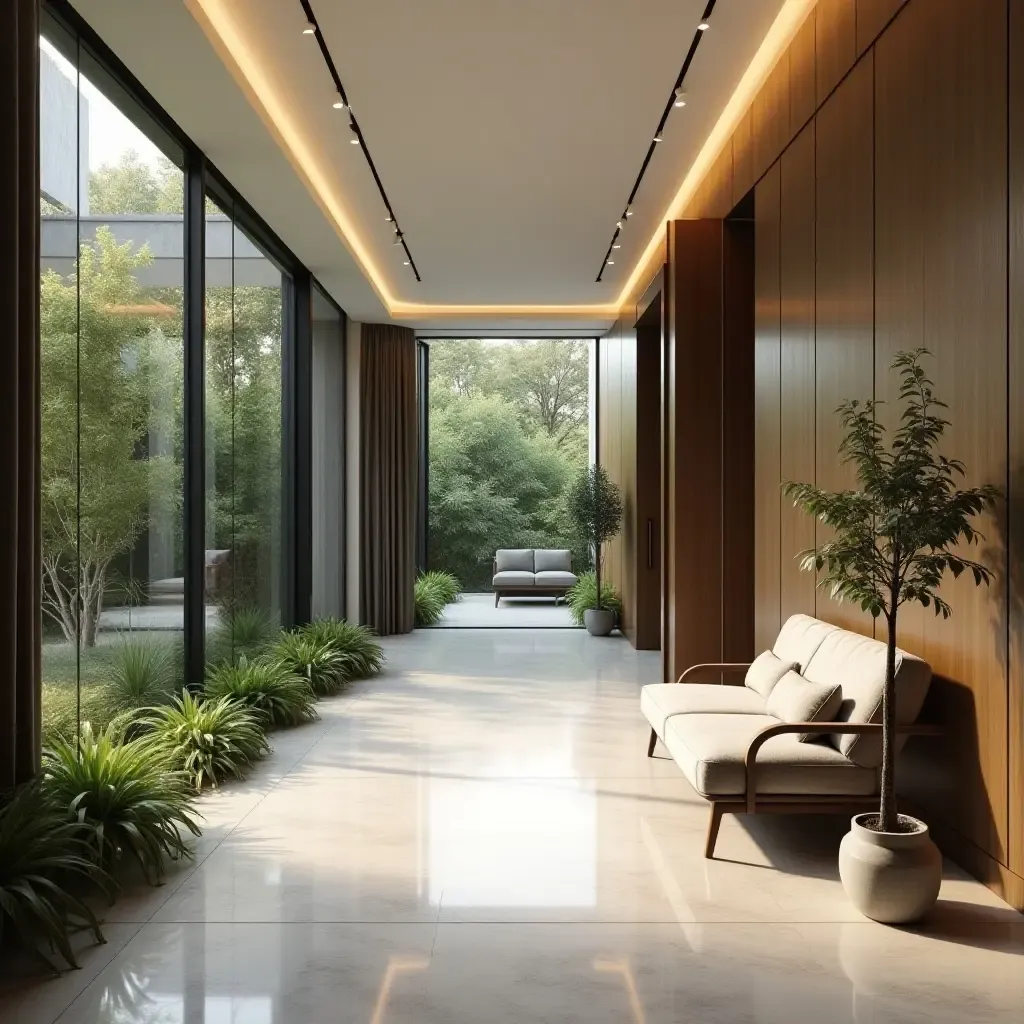 a photo of a modern corridor with sleek furniture and greenery