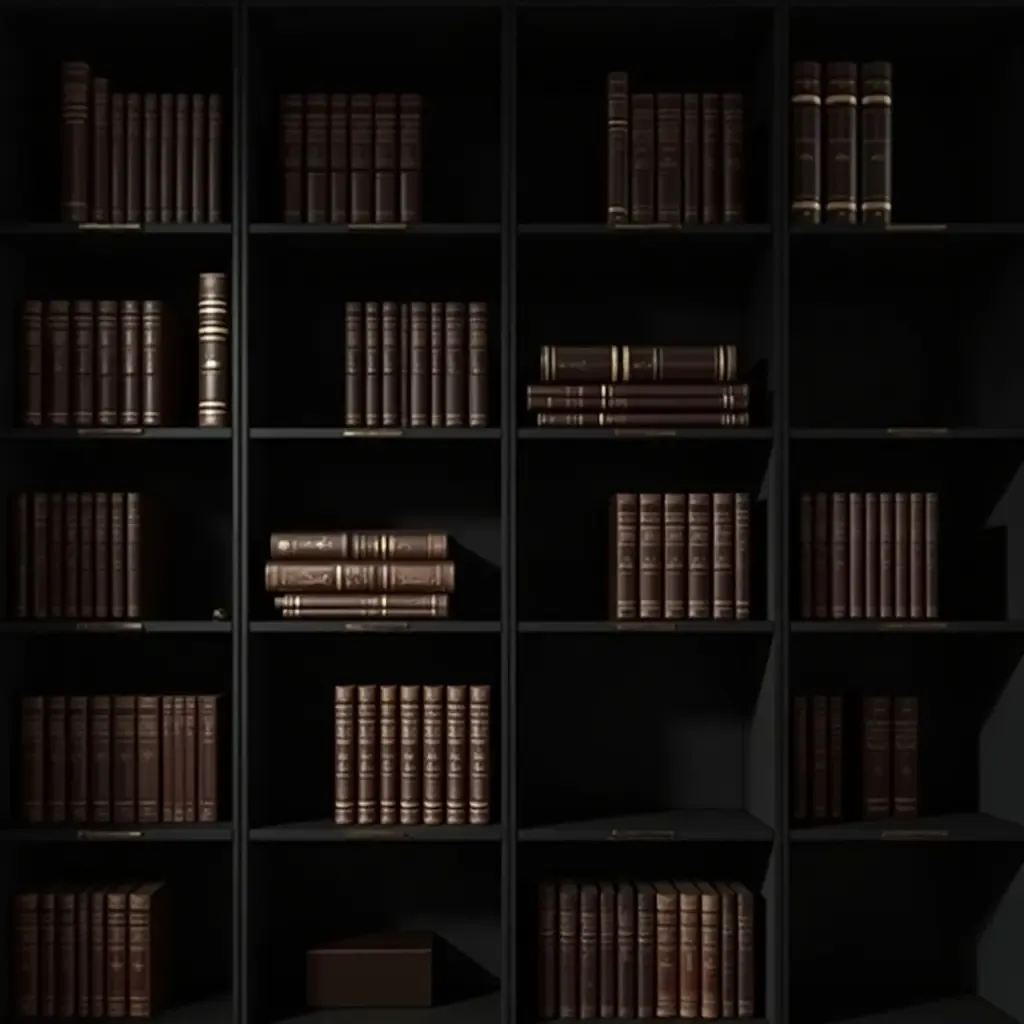 a photo of a sleek black bookshelf filled with leather-bound books