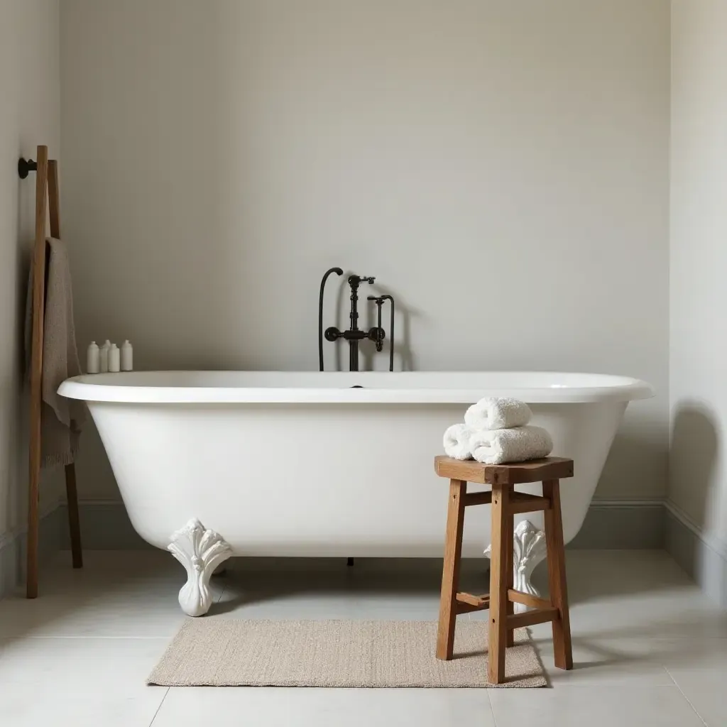 a photo of a rustic wooden stool beside the bathtub