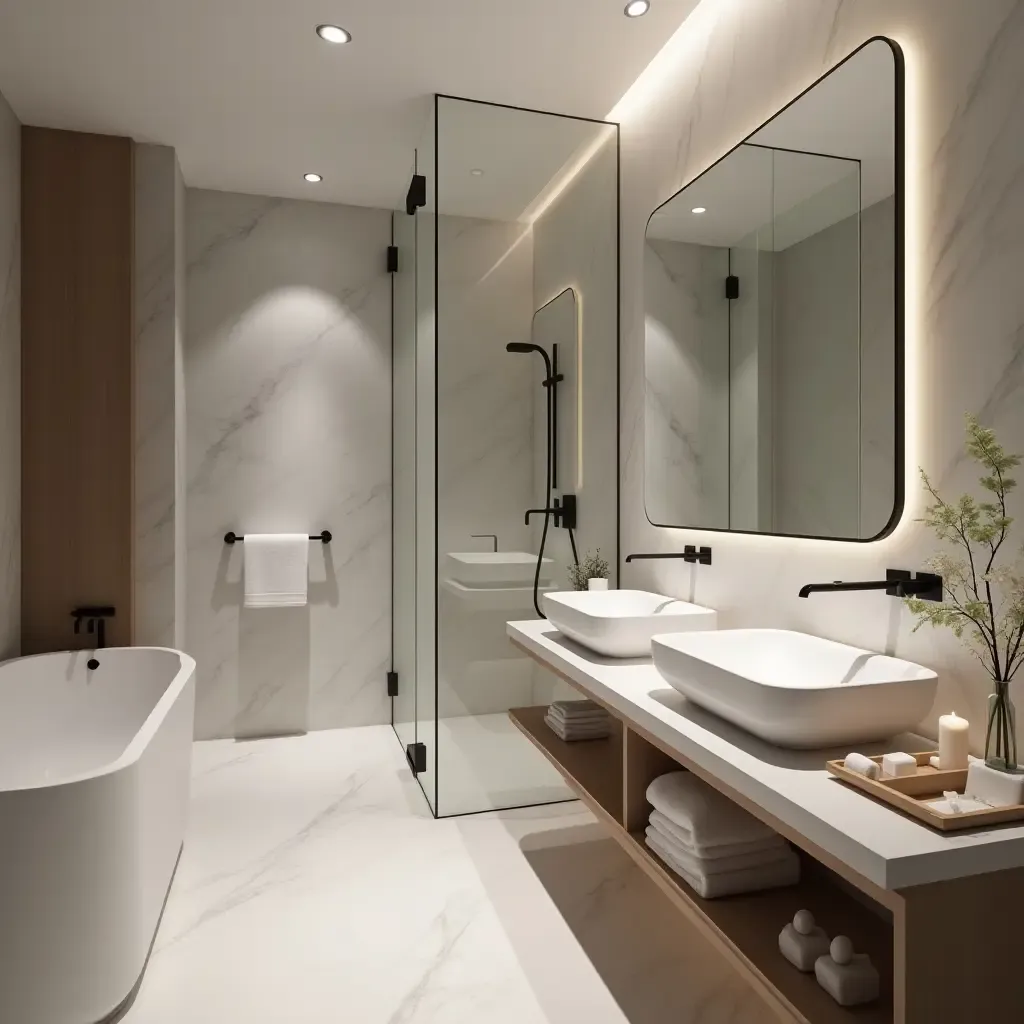 a photo of a sleek bathroom with smart technology and touchless fixtures