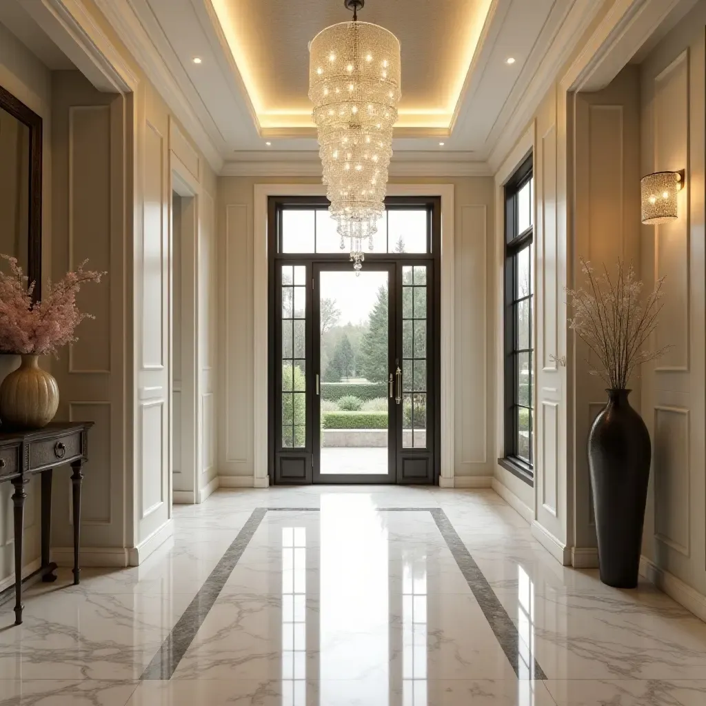 a photo of a luxurious foyer with marble flooring and crystal chandeliers