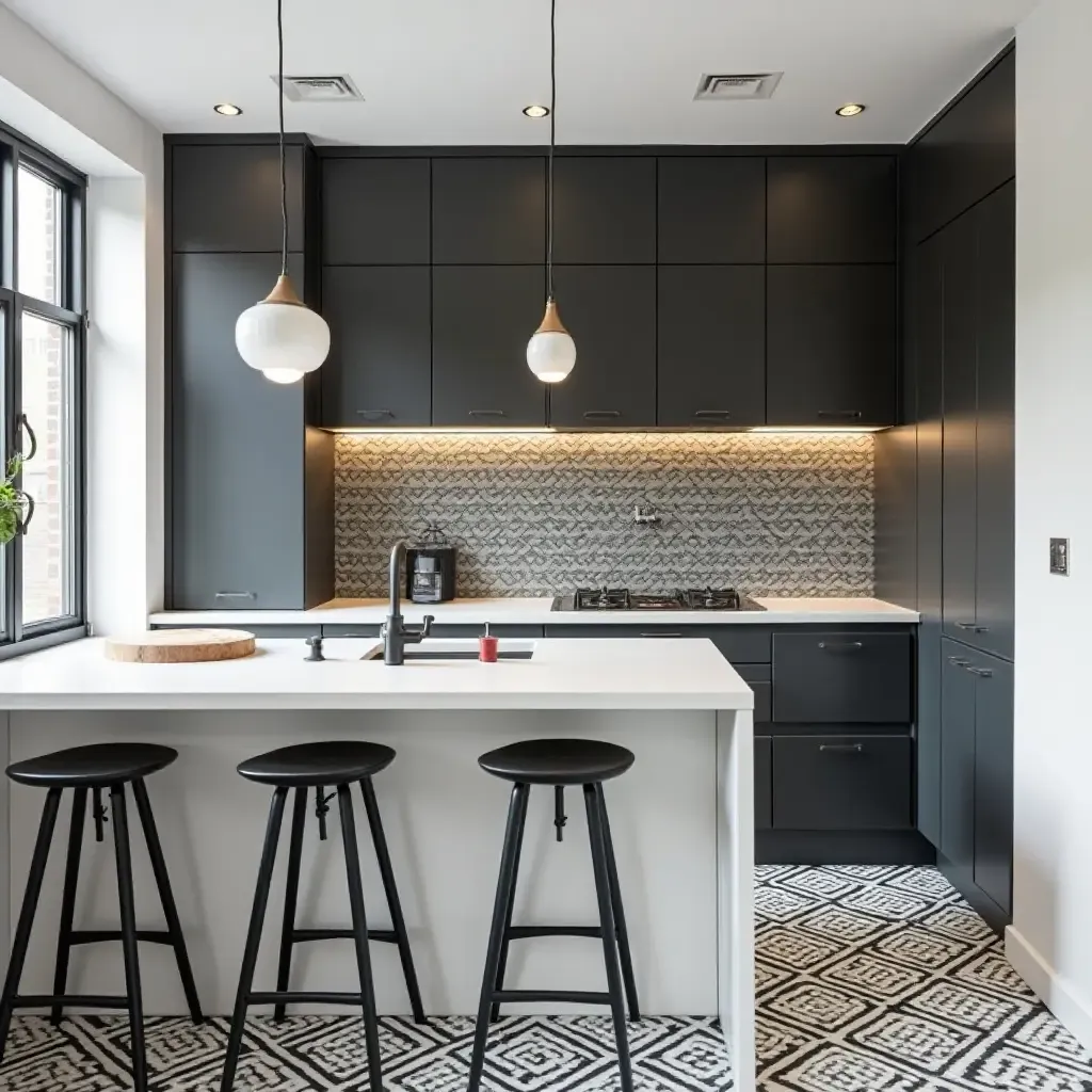 a photo of a striking black and white kitchen with geometric patterns