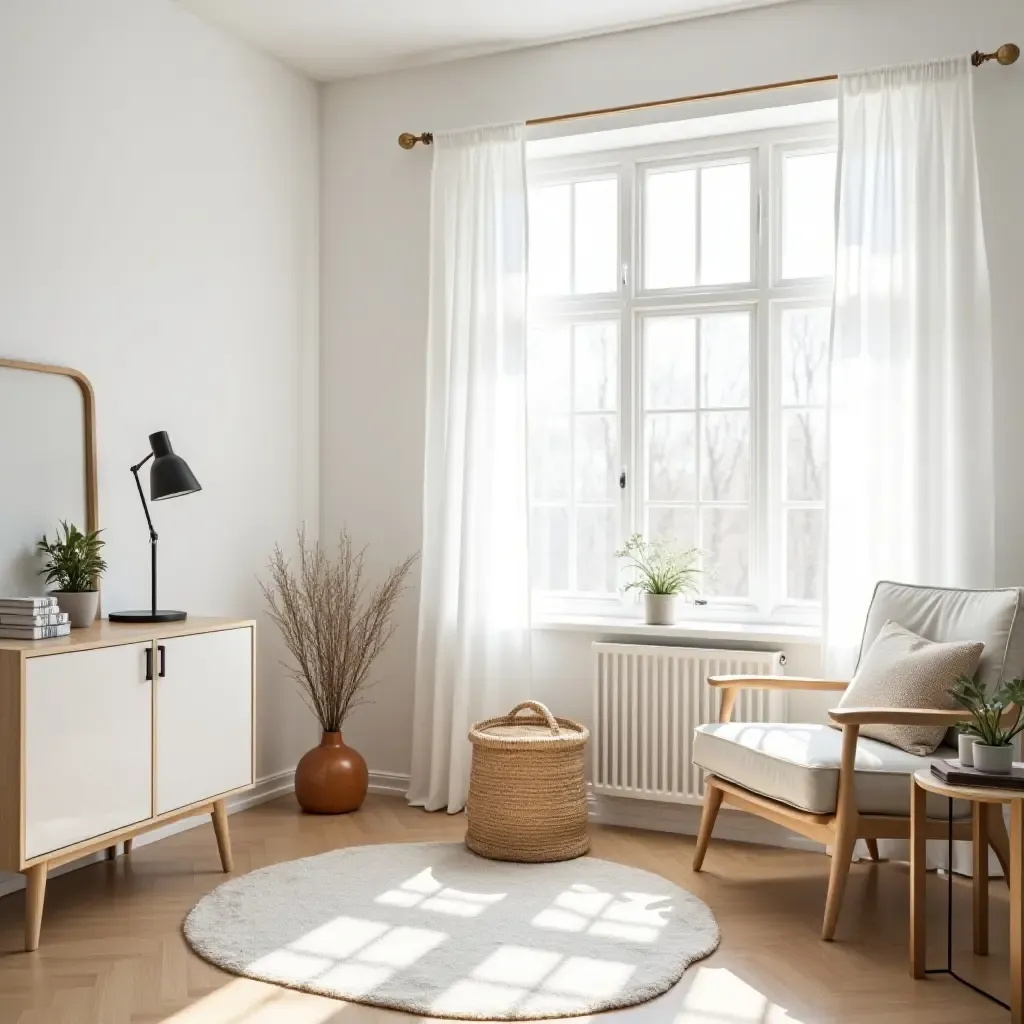 a photo of a bright reading area with Scandinavian decor and light colors