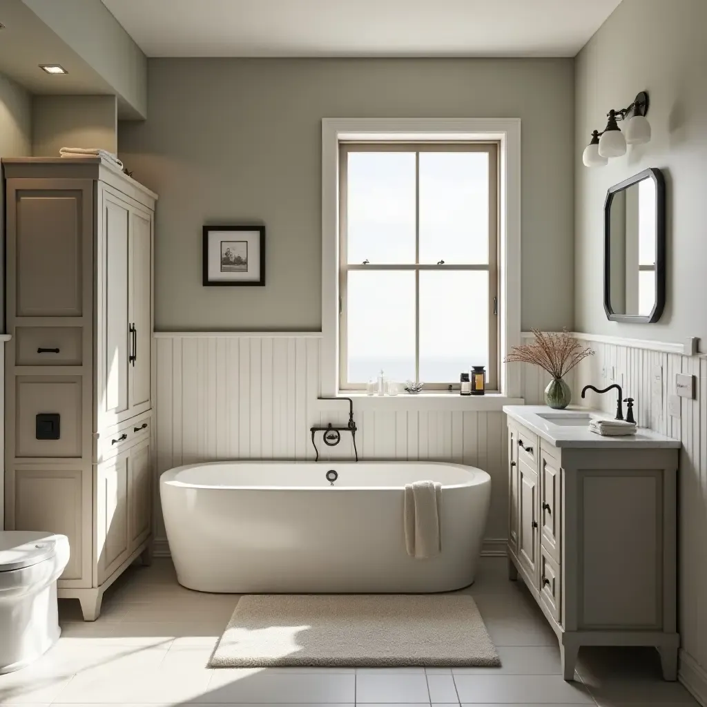 a photo of a modern bathroom featuring a vintage armoire and stylish fixtures