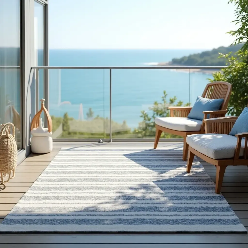 a photo of a nautical-themed rug on a seaside balcony