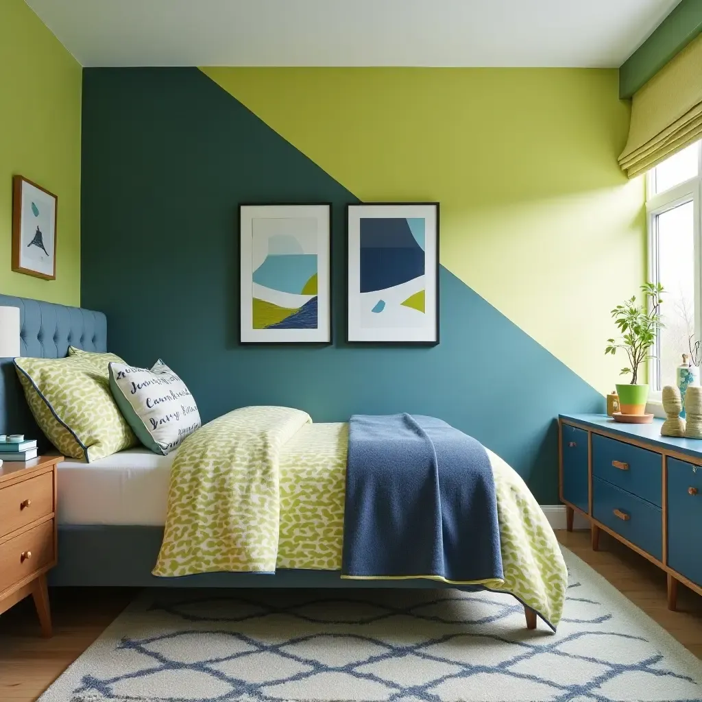 a photo of a fresh lime green and navy blue teen bedroom