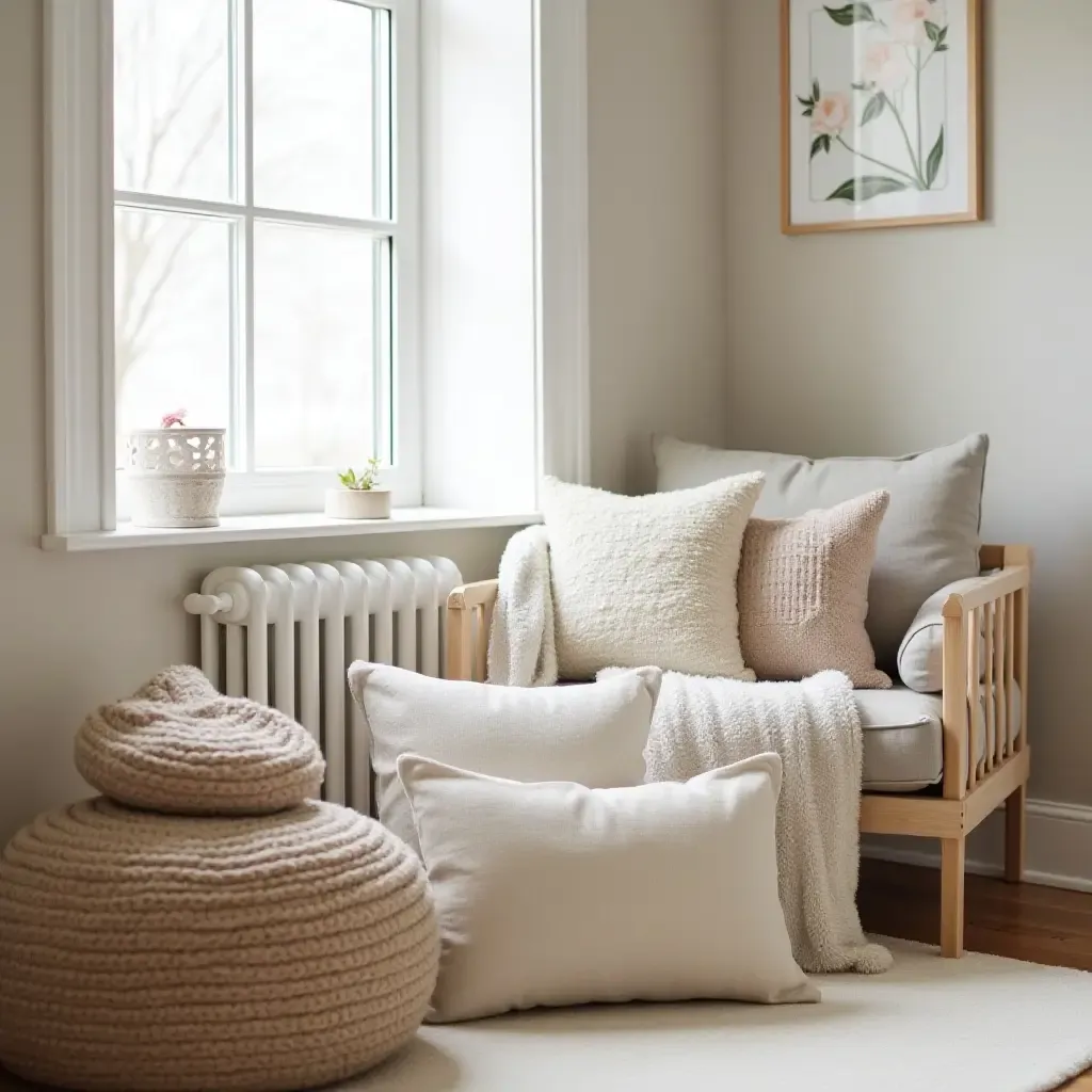 a photo of a cozy corner in a nursery with textured throw pillows