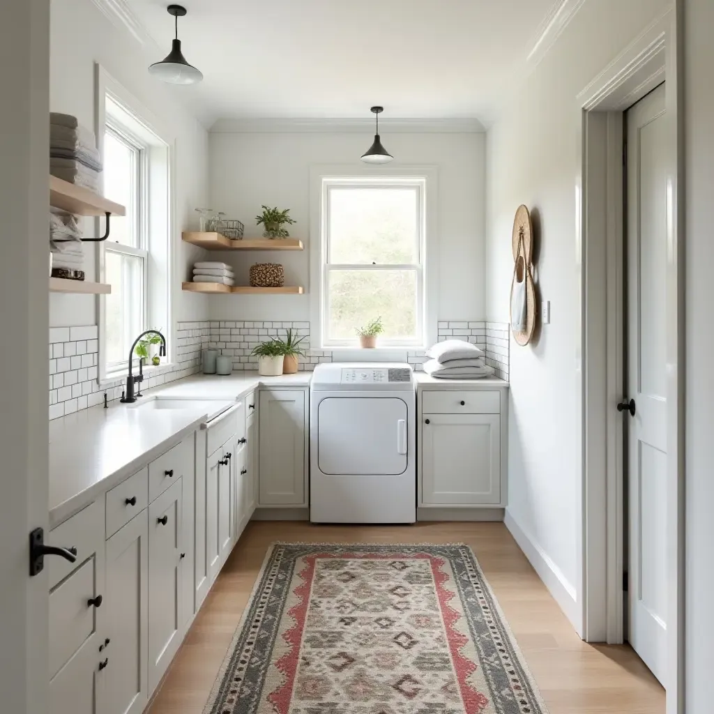 a photo of a laundry room with a stylish rug to define the space