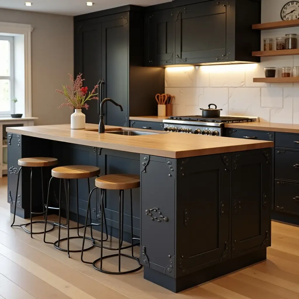 a photo of an industrial-style kitchen island with metal accents and wooden seating