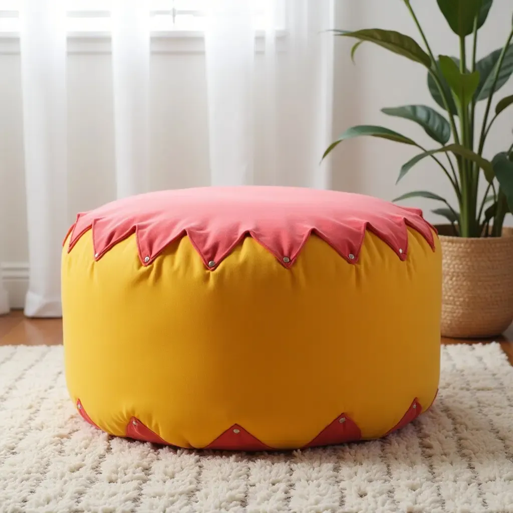 a photo of a cheerful, colorful pouf used as extra seating