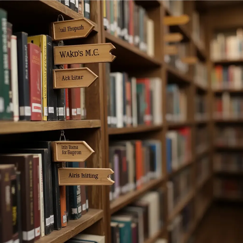 a photo of a library with wooden signs labeling different genres