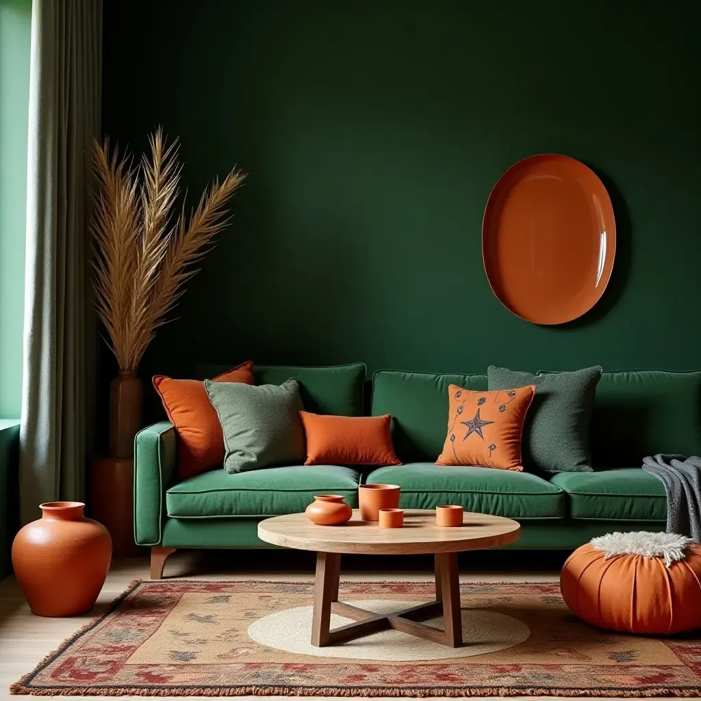 a photo of a bohemian living room with dark green textiles and burnt orange ceramics