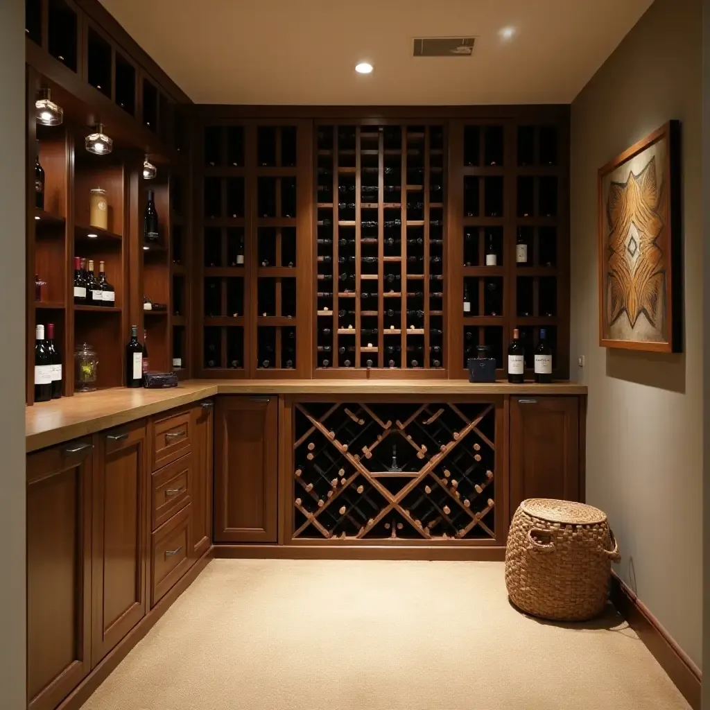 a photo of a basement with a wooden wine rack