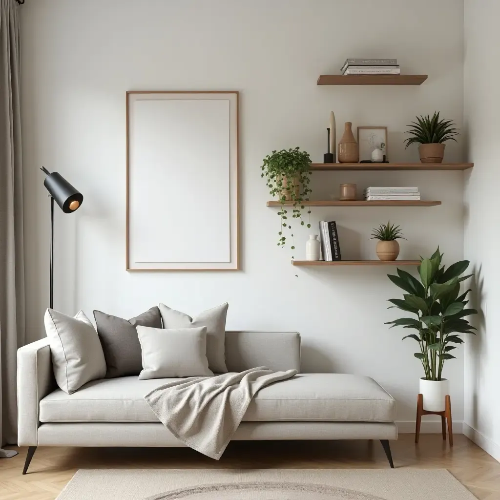 a photo of a small living room featuring wall-mounted shelves