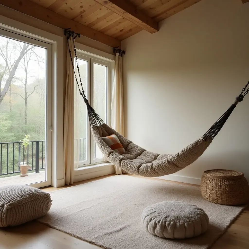 a photo of a cozy nook with a hammock and floor cushions in a bedroom