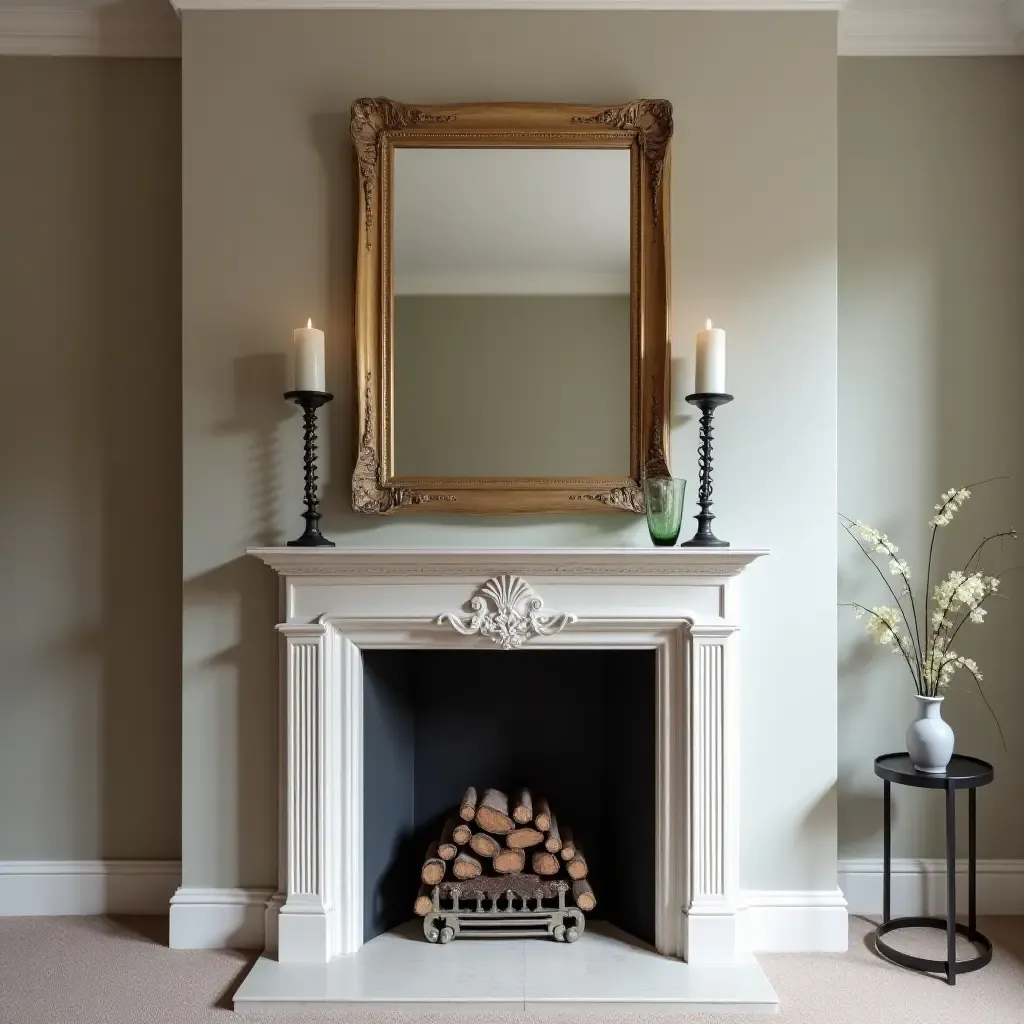 a photo of a luxury fireplace mantel with a statement mirror