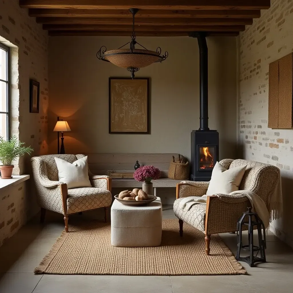 a photo of a rustic basement with woven fabric throws, barn wood elements, and vintage metal pieces