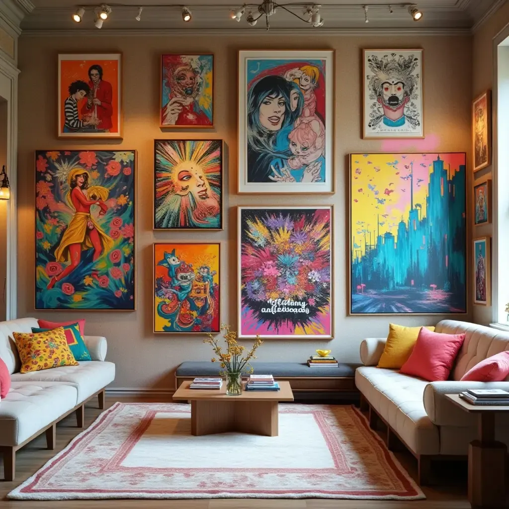 a photo of a vibrant gallery wall featuring pop art and graffiti-style paintings