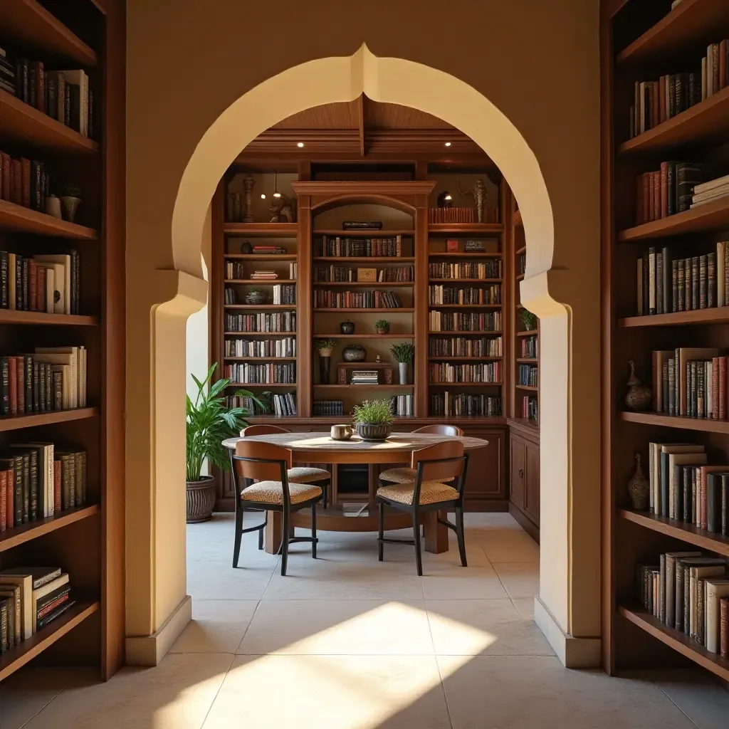 a photo of a library featuring a Mediterranean-style archway and bookshelves