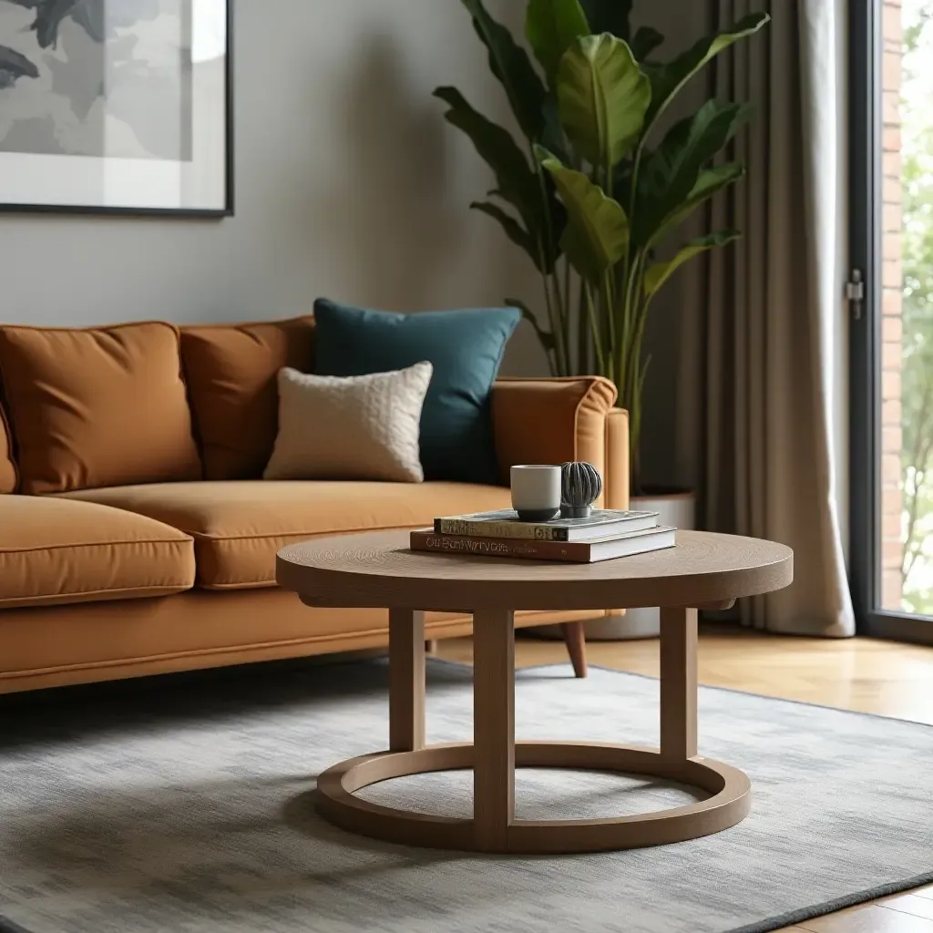 a photo of a stylish coffee table paired with a cognac couch and greenery