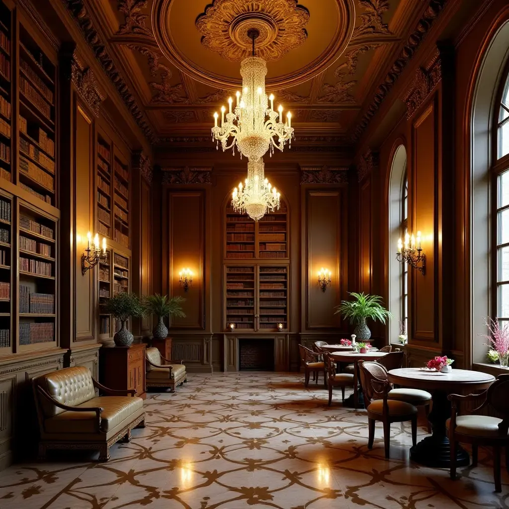 a photo of a luxurious library with crystal chandeliers and gold trim