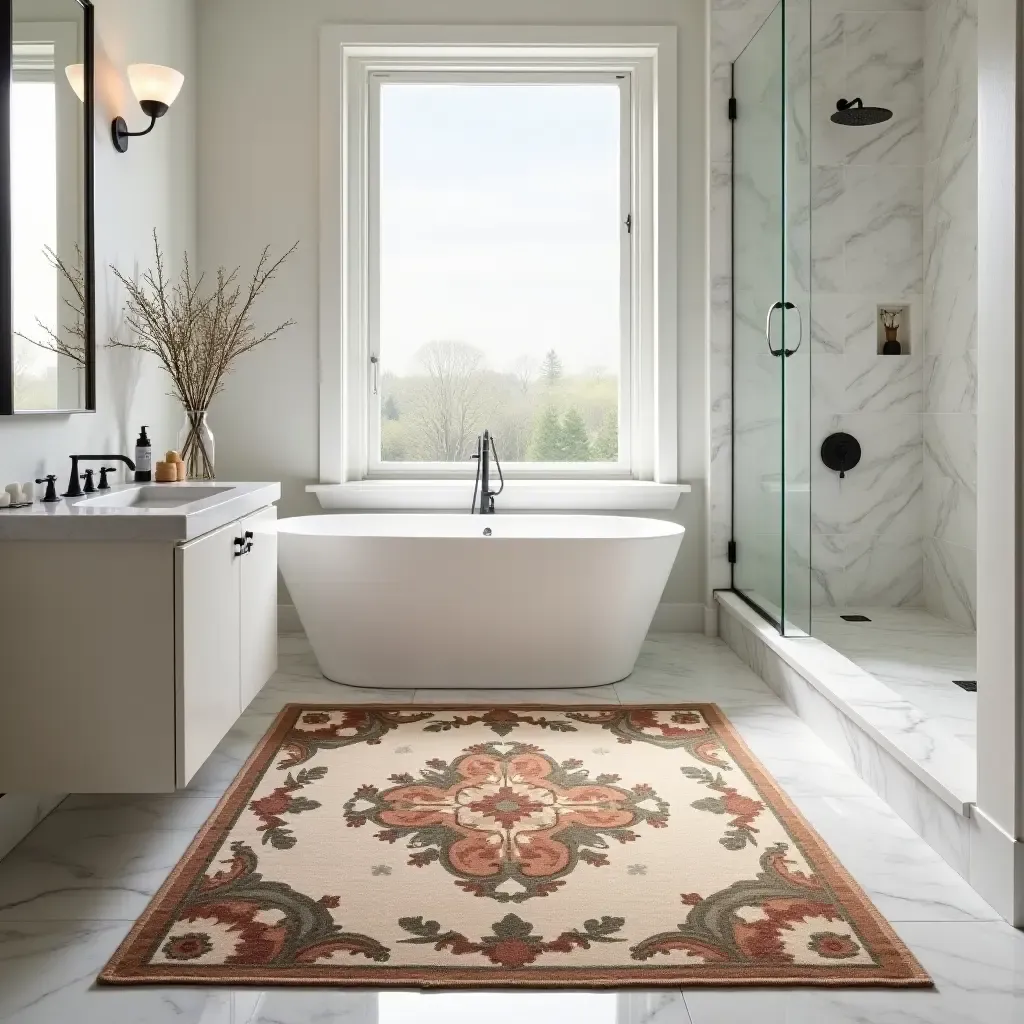 a photo of a vintage floral rug in a modern bathroom