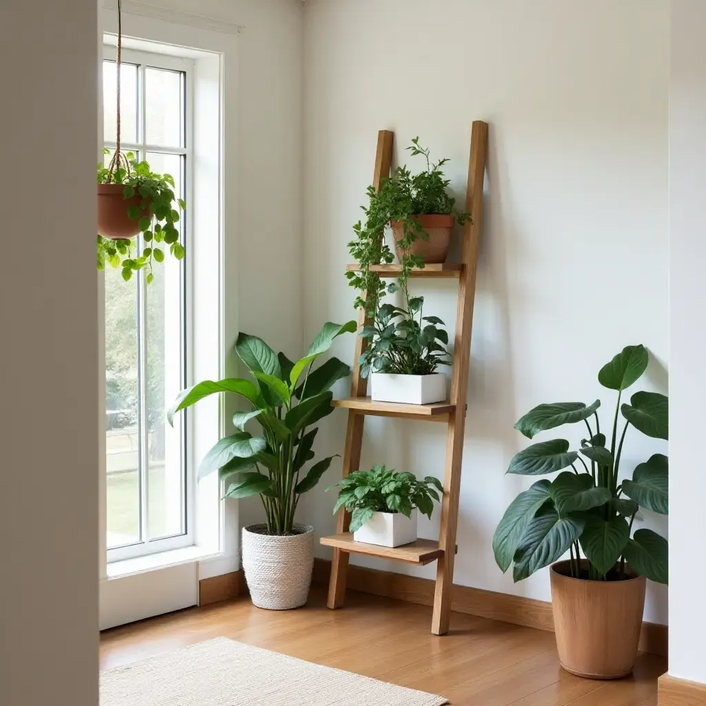 a photo of a stylish entryway featuring a plant ladder with various plants