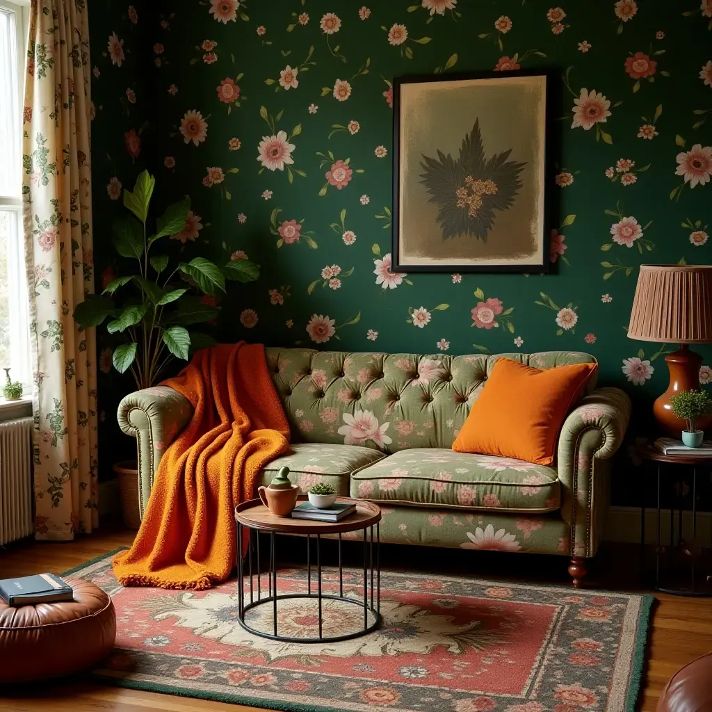 a photo of a vintage living room with dark green floral patterns and burnt orange throw blankets