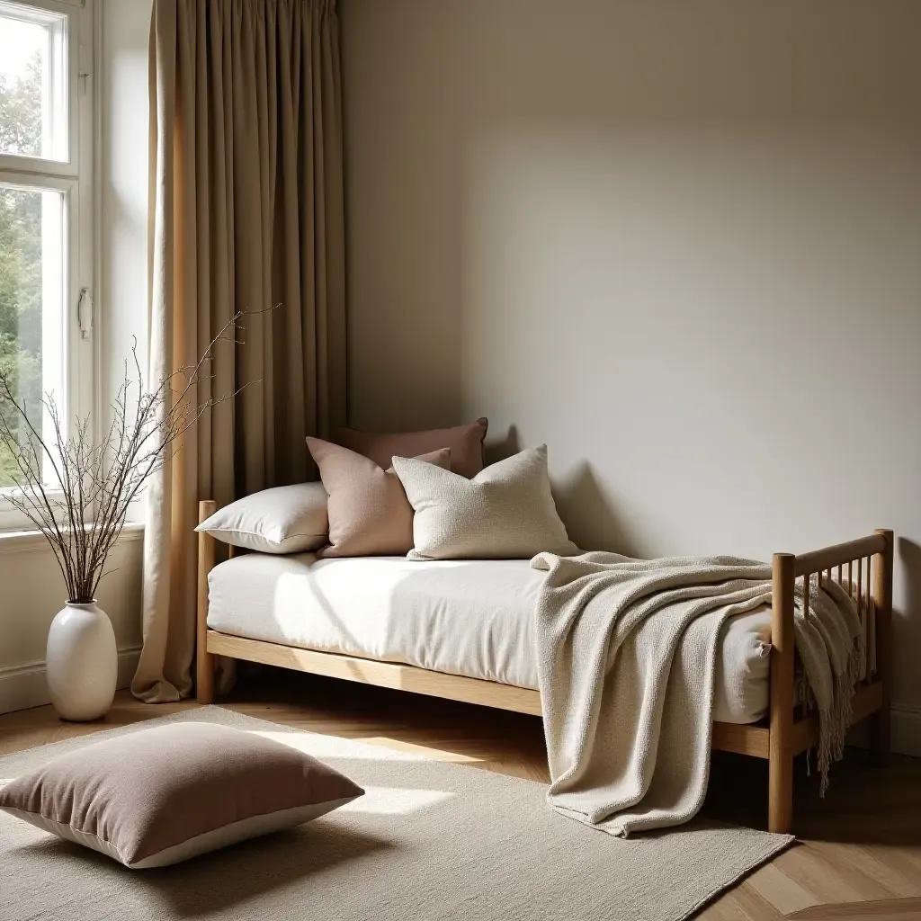 a photo of a cozy nook with a daybed and layered textiles