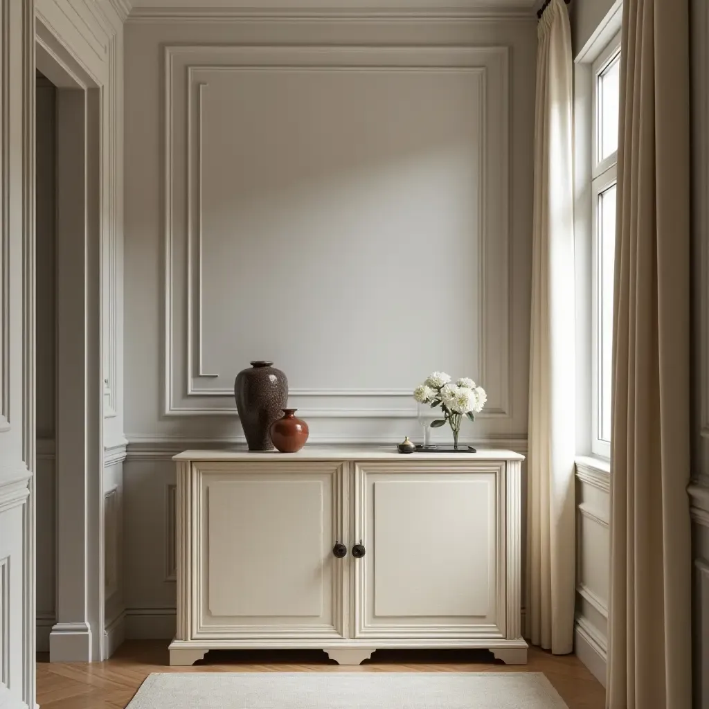 a photo of a classic sideboard in a stylish corridor