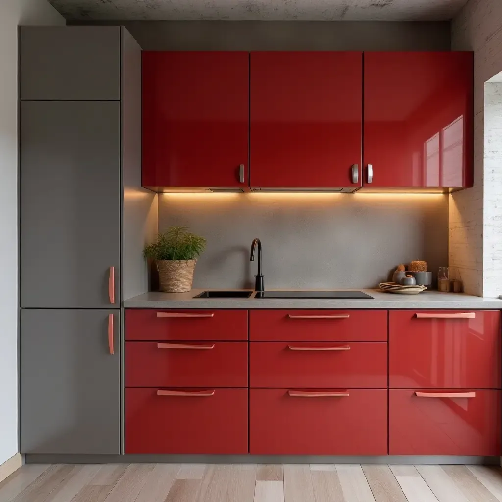 a photo of vibrant red and cool gray cabinets in an urban kitchen