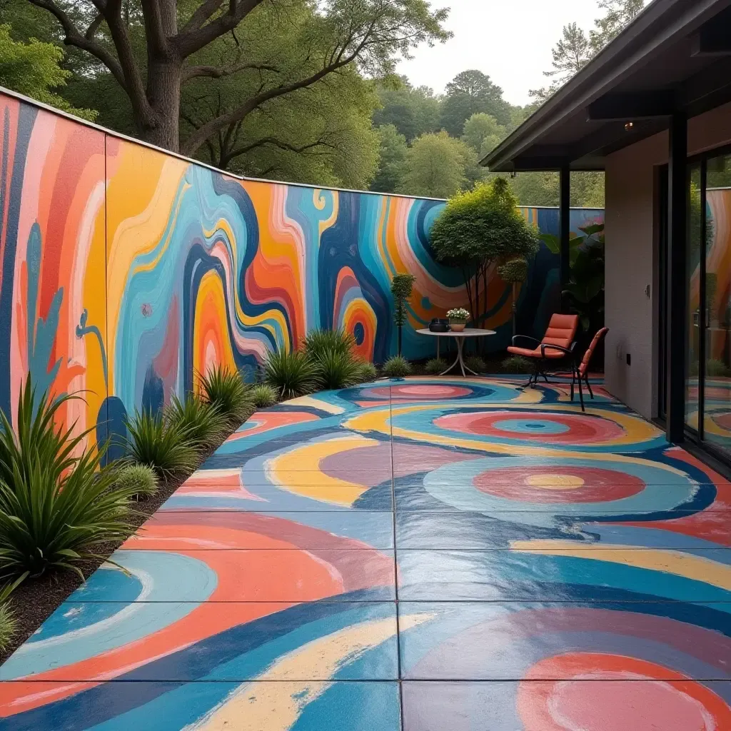 a photo of a concrete patio with artistic murals or wall art for personality