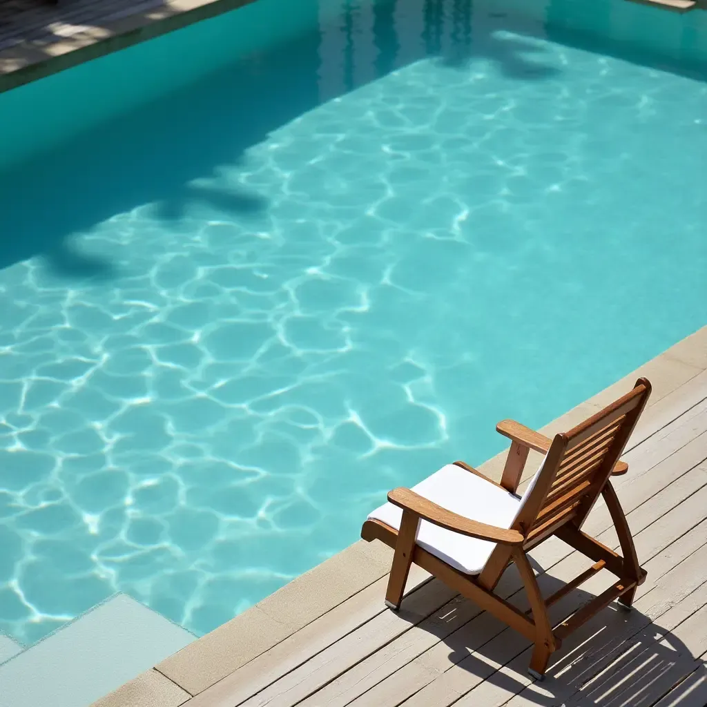 a photo of a wooden lounge chair beside a sparkling pool