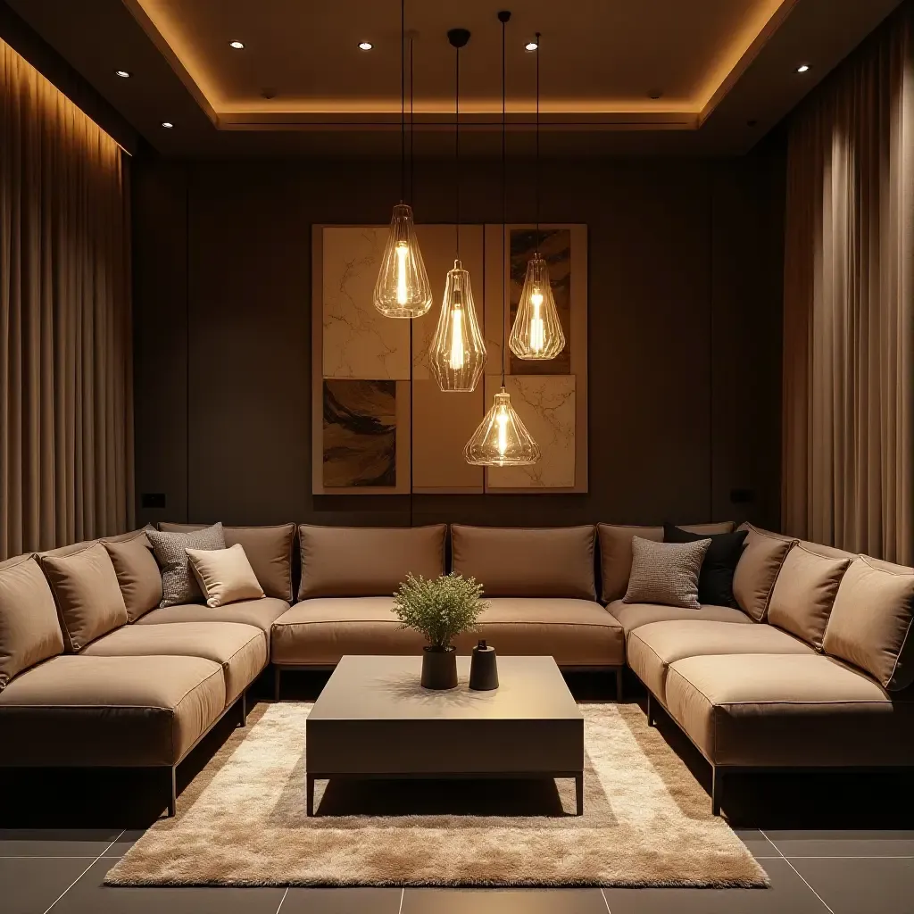 a photo of a trendy basement lounge with artistic pendant fixtures