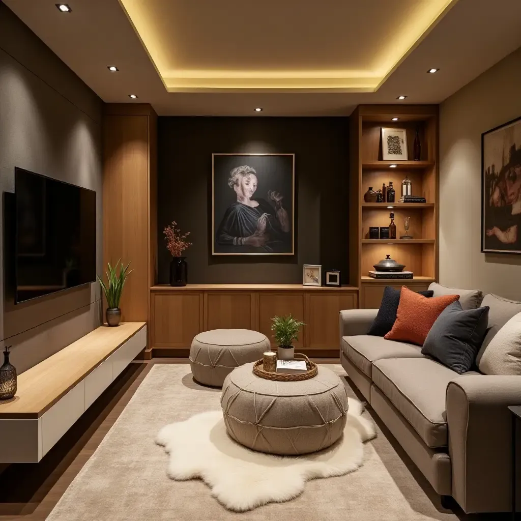 a photo of a basement with a cozy seating area and smart storage