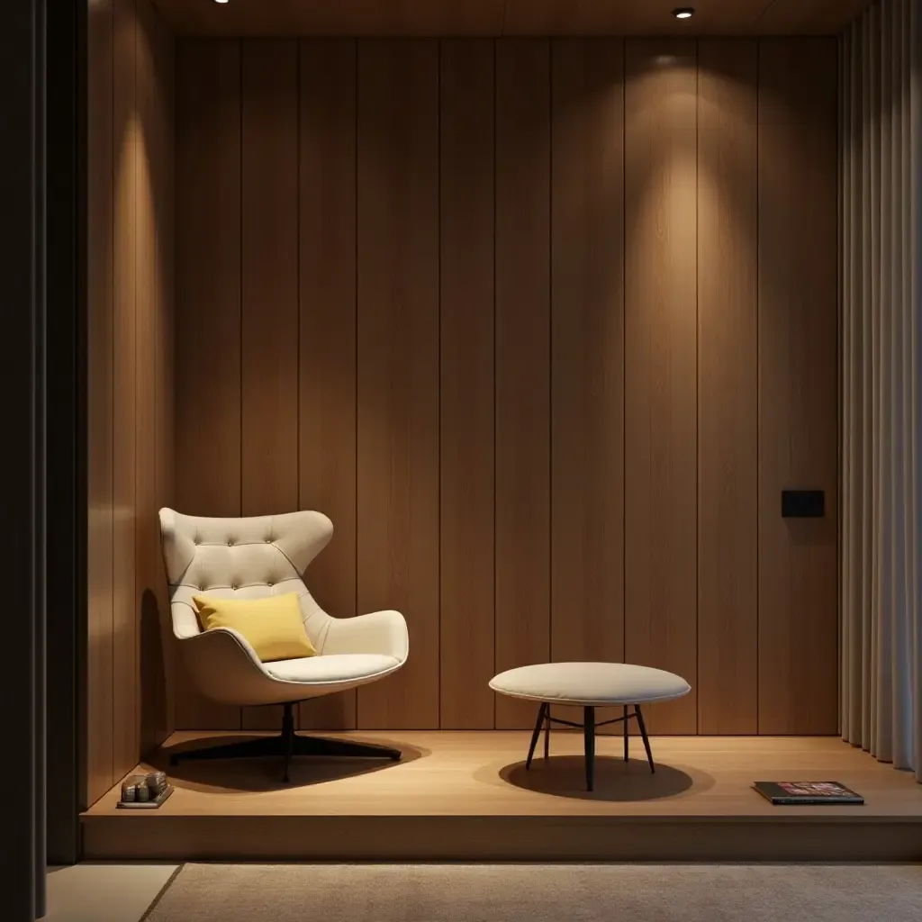 a photo of a modern reading nook with a sleek chair and soft lighting