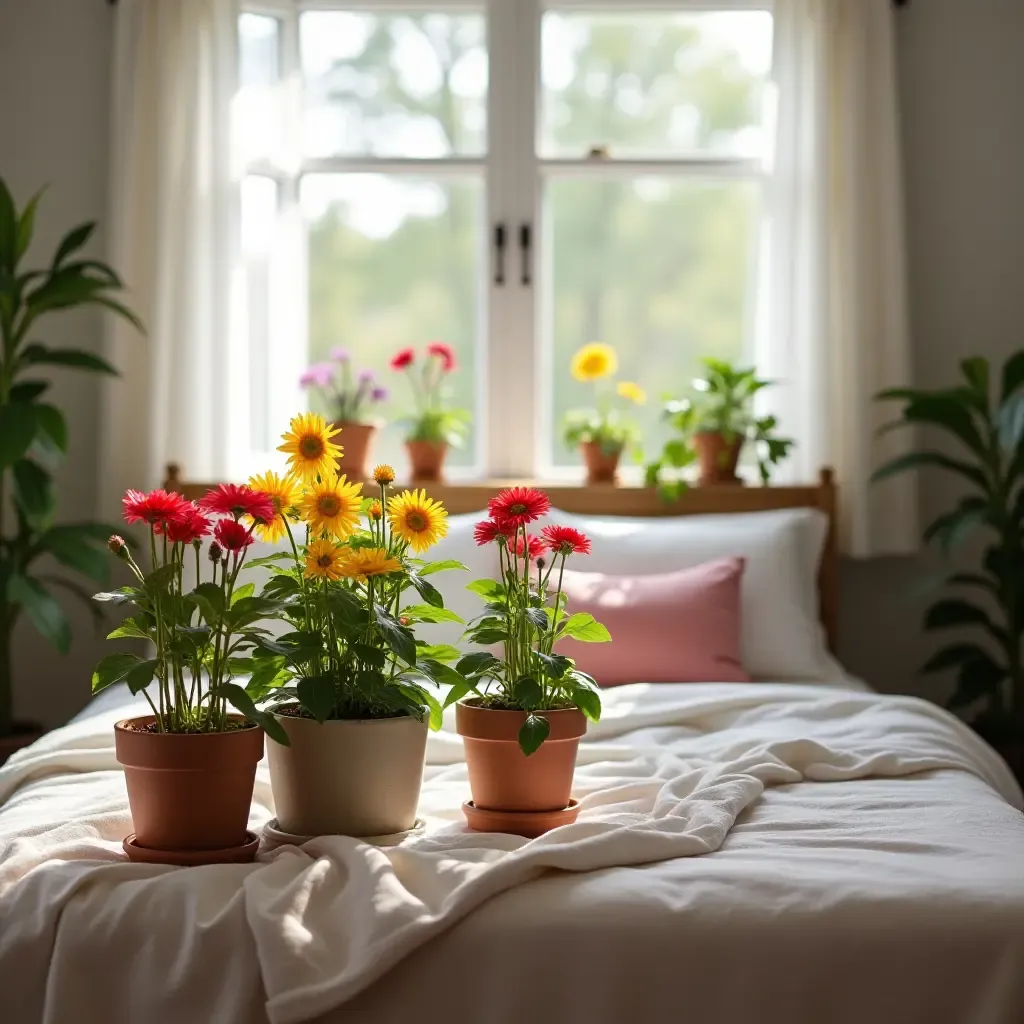 a photo of a bedroom with vibrant potted flowers