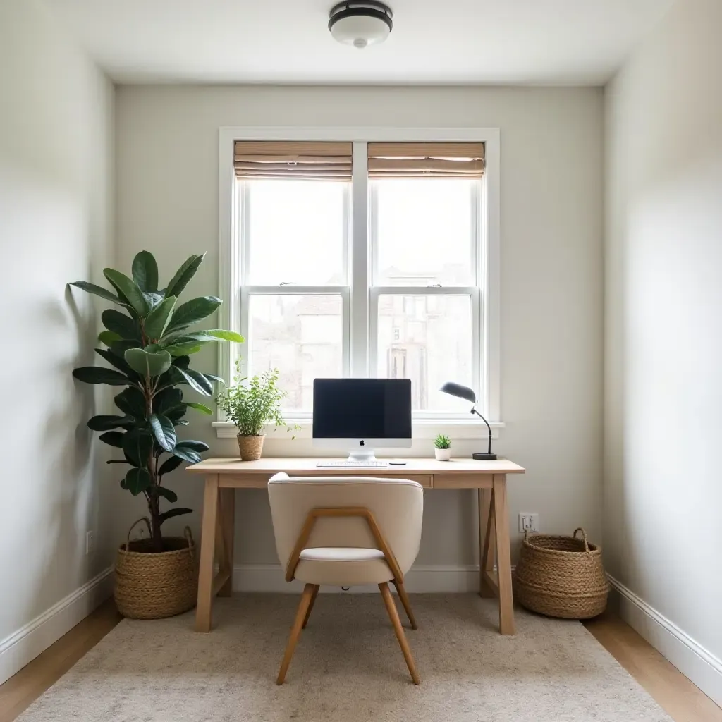 a photo of a basement office nook featuring farmhouse decor and greenery