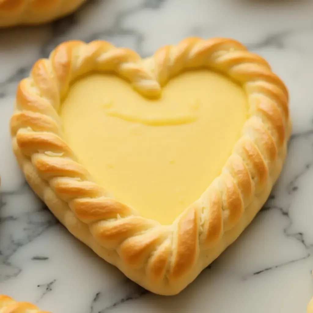 a photo of a buttery palmier, shaped like a heart, on a marble pastry board.