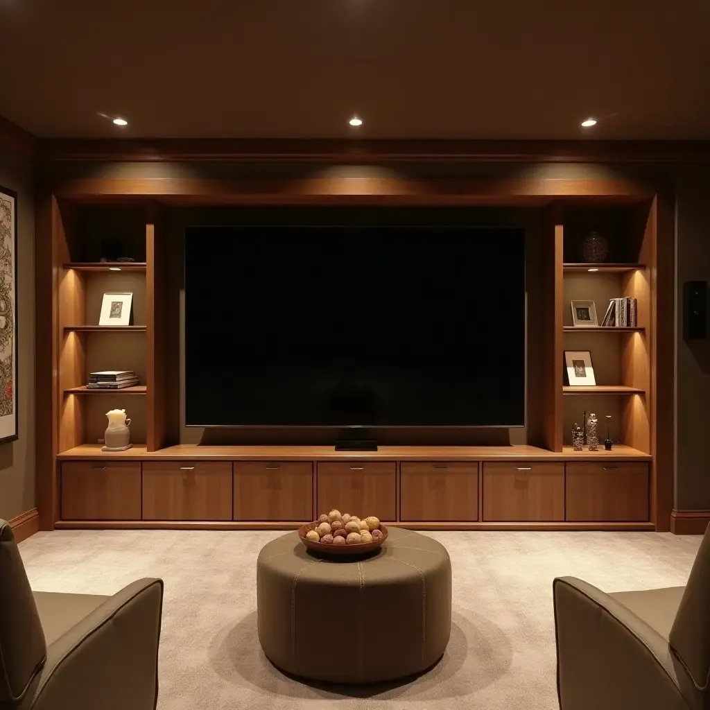 a photo of a basement with a stylish entertainment center and comfortable chairs