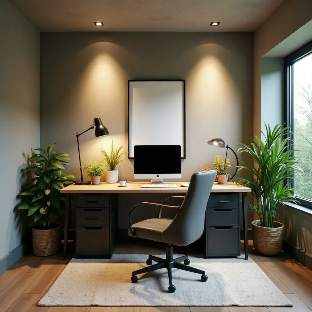 a photo of a basement office space with greenery accents on desk