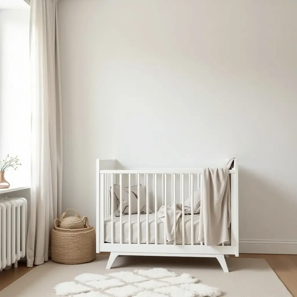 a photo of a stylish nursery with a neutral palette and elegant decor