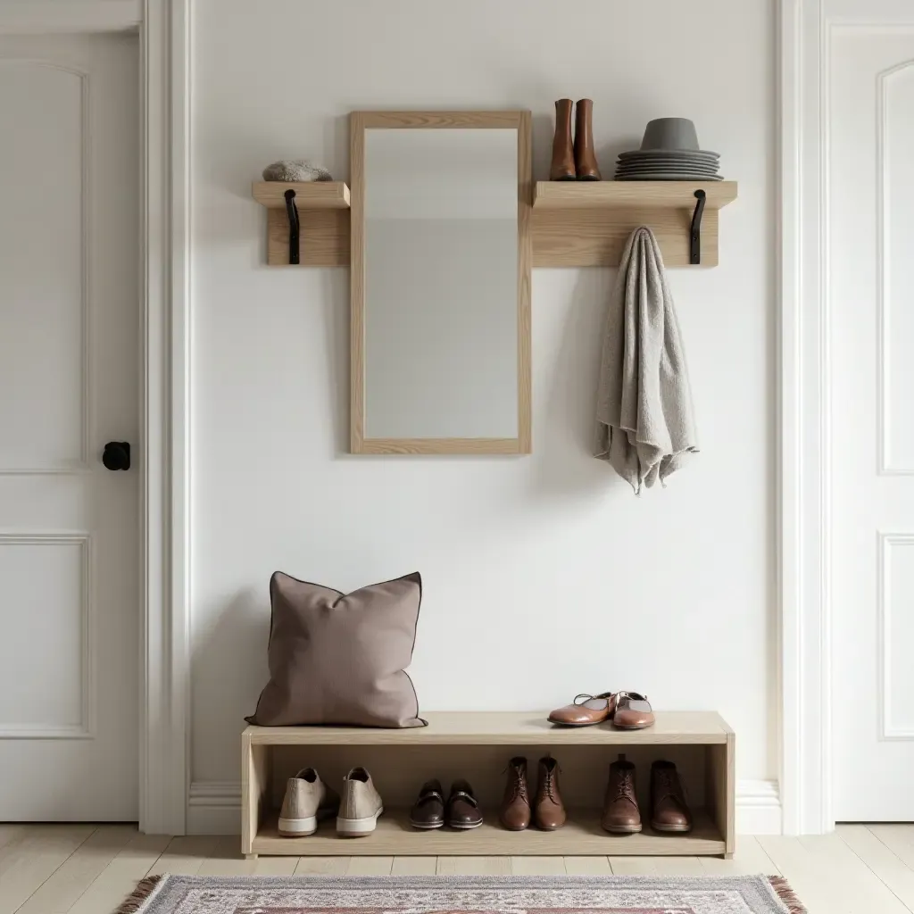 a photo of a functional Scandinavian hall with an organized shoe storage solution