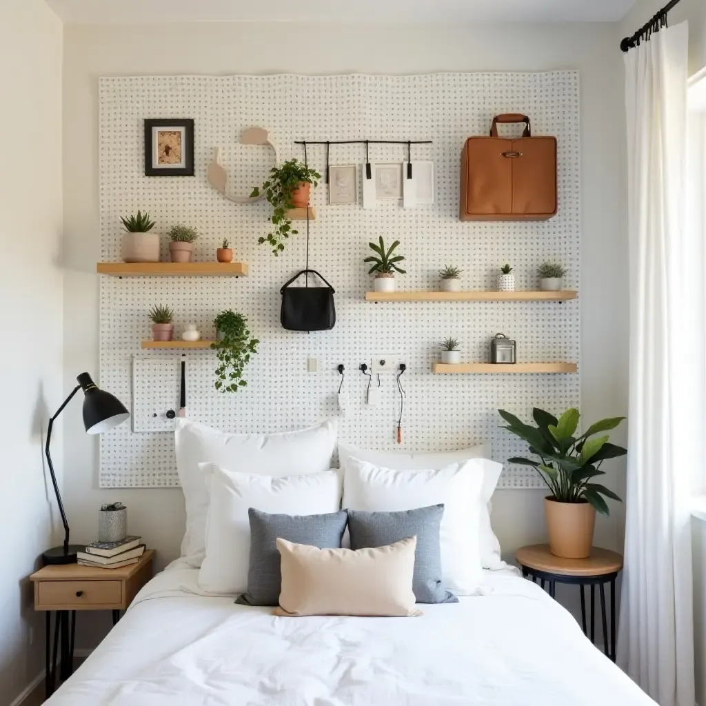 a photo of a small bedroom with a pegboard organization system