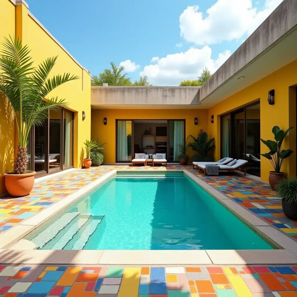 a photo of a vibrant outdoor space with a pool and colorful tiles