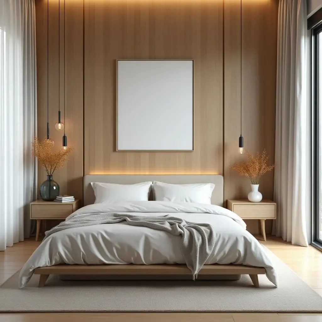 a photo of a minimalist bedroom with wooden decor