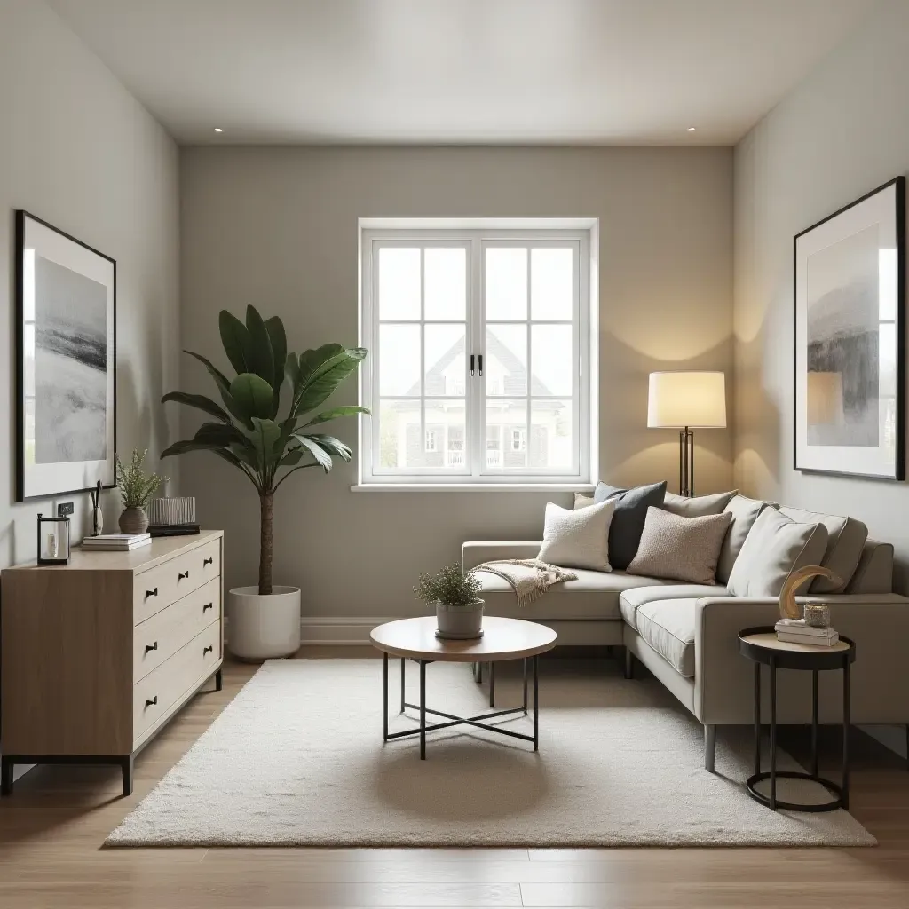 a photo of a stylish basement office with light colors and functional furniture