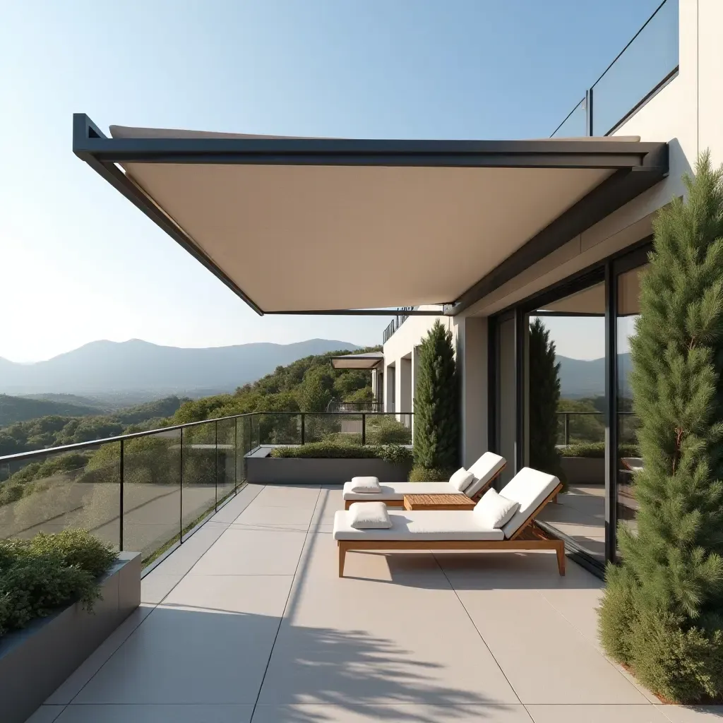 a photo of a modern balcony with a retractable canopy and lounge area