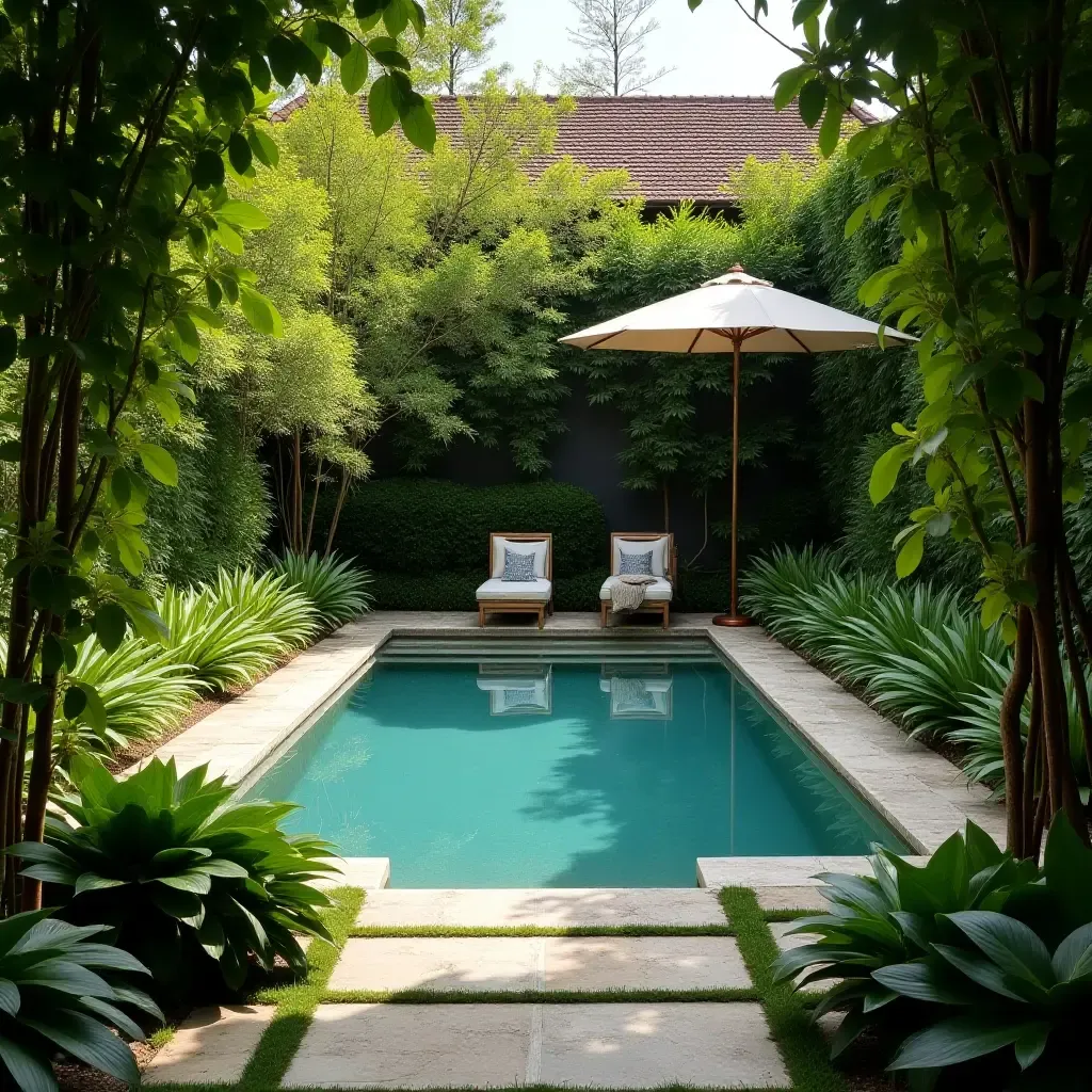 a photo of a peaceful pool area with a stone path and lush vegetation