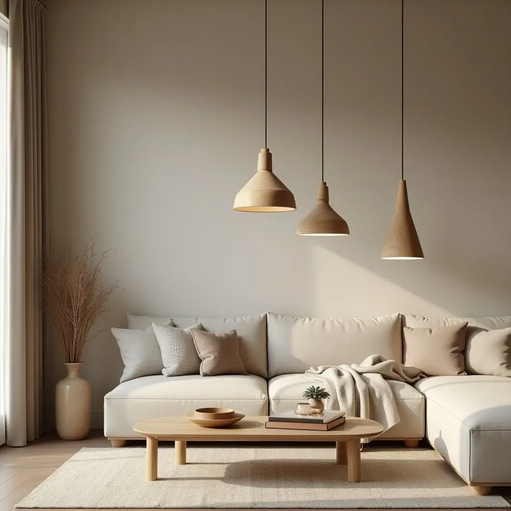 a photo of a zen-inspired living room with natural wood pendant lights and calming colors